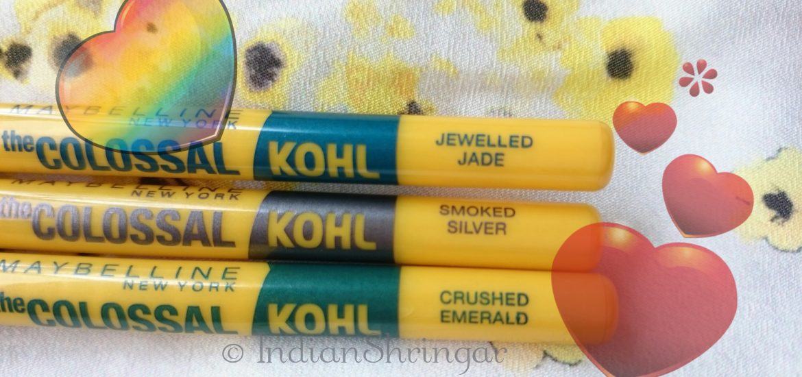 Maybelline Colossal Kohl in Jewelled Jade, Smoked Silver and Crushed Emerald - Review and swatches.