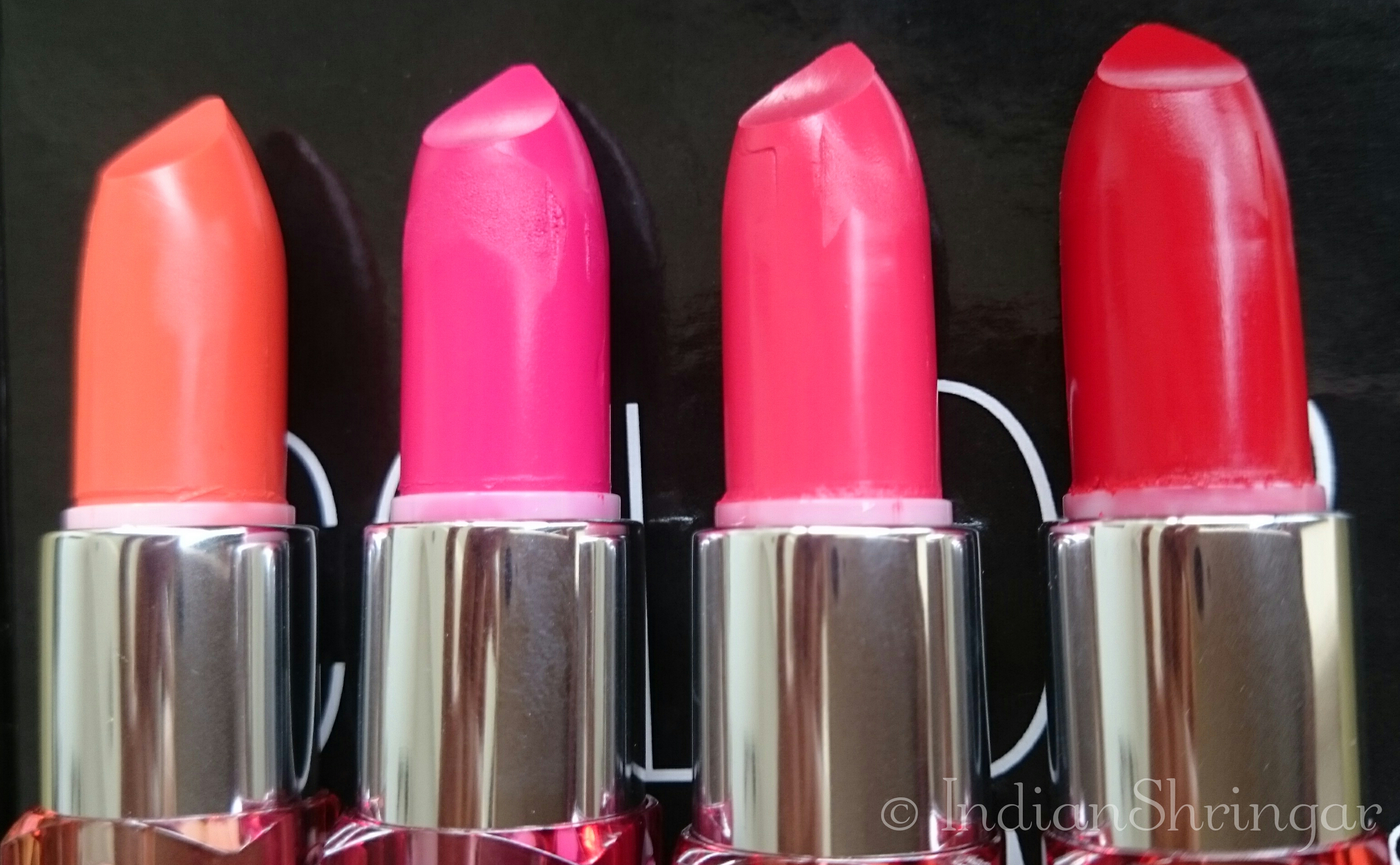 Maybelline Color Show lipsticks in Orange Icon, Fuschia Flare, Cherry Crush and Red Rush - review and swatches
