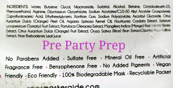 Maskeraide Pre Party Prep ingredients
